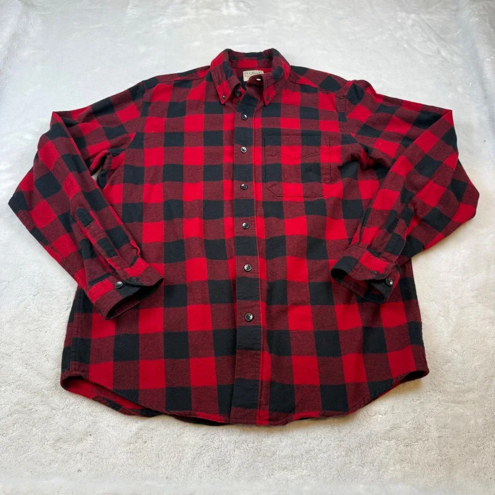 LLBean Mens Red‎ Black Buffalo Plaid Flannel Shirt Traditional Fit Cotton M REG